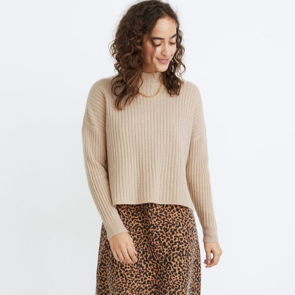 Madewell Recycled Cashmere Ribbed Mockneck Sweater Tan XXS Oversized Cozy